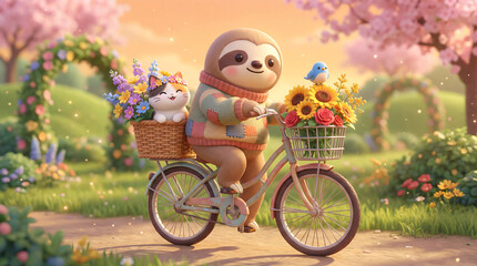 Fototapeta premium Whimsical Forest Friends Riding Bicycle Adventure