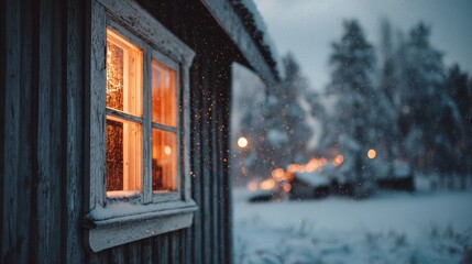 Snow-covered cabin background with warm window glow. Blurred background