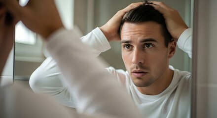 Man looking worried while checking reflection in bathroom mirror