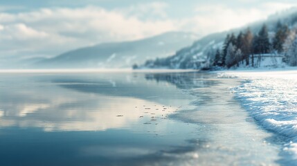 Obraz premium Frozen lake background with snow-covered shores, dreamy reflection. Blurred background