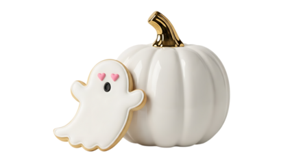 Adorable halloween pumpkin and ghost cookies isolated on transparent background