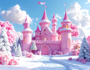 A whimsical pink castle sits in a winter wonderland scene