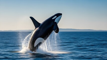 Fototapeta premium Magnificent orca whale breaches the deep blue ocean surface in a spectacular display of power and grace creating a large splash against the distant horizon under bright clear skies