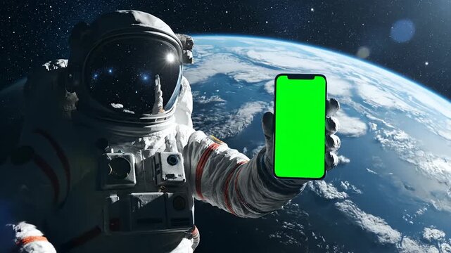 Astronaut Holding Green Screen Phone in Space with Earth Background.