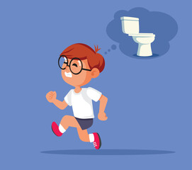 Boy Runs Needs to Go to the Toilet Vector Illustration.  Little kid having problems hurrying to the restroom
