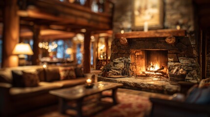 Ski lodge interior with fireplace warmth, cozy retreat. Blurred background