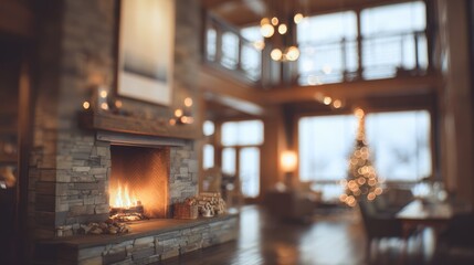 Obraz premium Ski lodge interior with fireplace warmth, cozy retreat. Blurred background