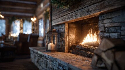 Naklejka premium Ski lodge interior with fireplace warmth, cozy retreat. Blurred background