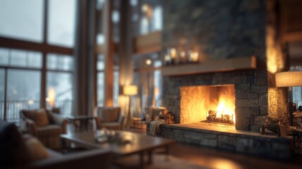 Obraz premium Ski lodge interior with fireplace warmth, cozy retreat. Blurred background