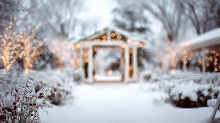 Winter wedding venue background with elegant snow-covered garden. Blurred background