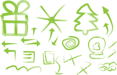 A collection of green christmas icons and arrows on a white background with a festive feel