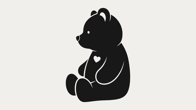 Cute black teddy bear illustration with a small heart on its chest, sitting sideways on a light background.