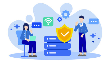 IT Team Setting Up a Secure Remote Access System. Flat Vector Illustration