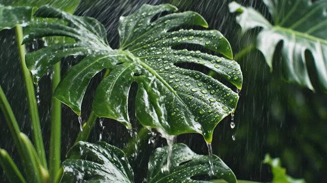 Monstera Leaf in Rain: A close-up showcases a lush monstera leaf, glistening with raindrops. It evokes a feeling of freshness, tranquility and the pure beauty of the natural world.