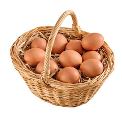 Fresh Brown Eggs in Wicker Basket Isolated on Transparent Background

