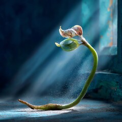 Delicate flower bud blooms in dusty beam of light