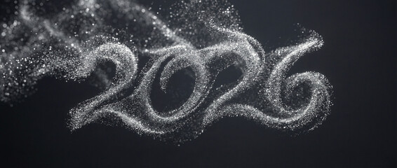 Abstract 3D render of '2026' text formed by sparkling particles on dark background