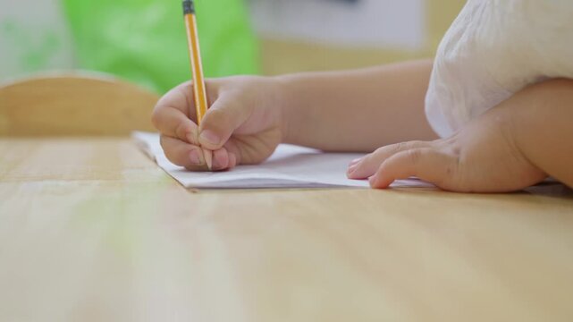 Close up of a child's hand practicing writing letters on paper with a pencil, education and learning concept.