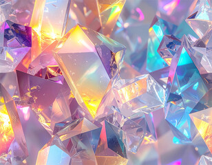 虹色の光を反射する透明クリスタル結晶の抽象背景｜幻想的で高級感のある3Dガラスアート