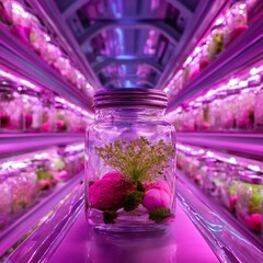 Vibrant indoor plant nursery with unique glass jar containing colorful flora