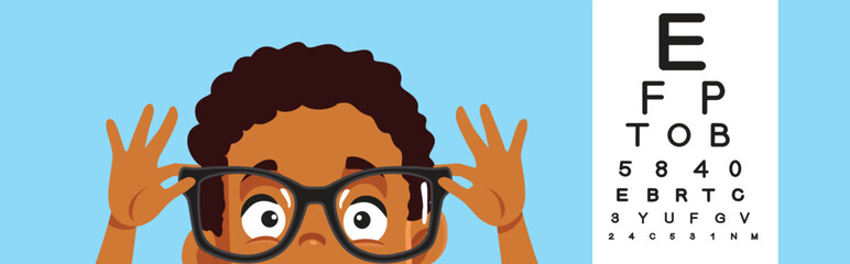 Boy Wears Glasses at Eye Checkup Vector Illustration. Child having his eyes checked wearing prescription glasses
