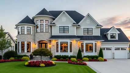 A stunning luxury suburban estate featuring a stone facade, manicured green lawn, and warm glowing windows during a colorful twilight