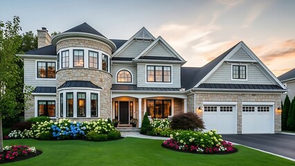 A stunning luxury suburban estate featuring a stone facade, manicured green lawn, and warm glowing windows during a colorful twilight