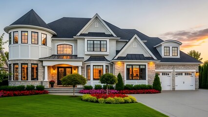 A stunning luxury suburban estate featuring a stone facade, manicured green lawn, and warm glowing windows during a colorful twilight