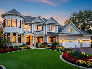 A stunning luxury suburban estate featuring a stone facade, manicured green lawn, and warm glowing windows during a colorful twilight