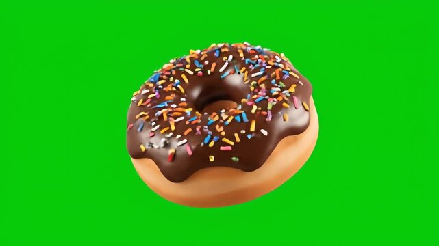 Chocolate frosted donut with colorful sprinkles on a green background