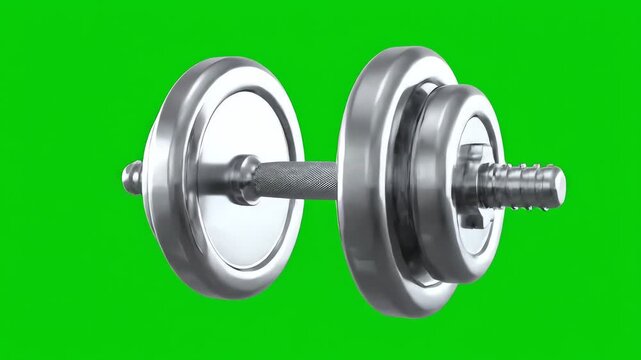 Close-up of a silver dumbbell with weights on a green background