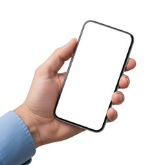 Hand Holding a Blank Smartphone with White Screen Isolated on White Background