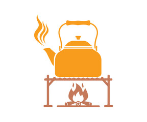 Water boiling, kettle for tourists, camping, and travel. Vector illustration, glyph, isolated
