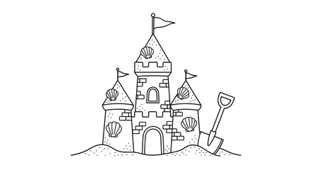 Obraz premium A simple black and white outline drawing of a sandcastle with towers, flags, and shells, next to a shovel, for a summer coloring page.