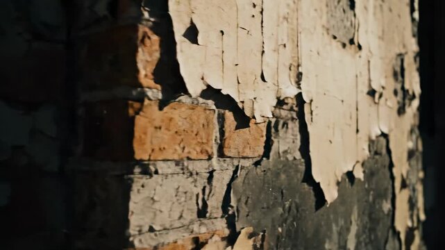Weathered Wall Texture: A close-up shot revealing the raw textures of an aged brick wall, where layers of paint peel away, hinting at the passage of time.