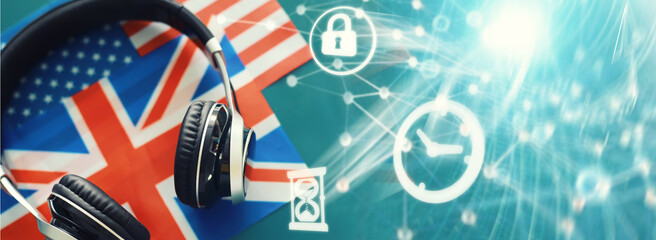 Background concept polyglot. Headphones and flag. The study of foreign subjects. Audiobooks in a foreign language.