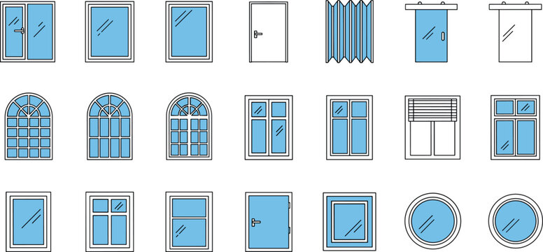 Window and door flat icon set featuring residential glass frames, sliding windows, modern architecture elements and home exterior design symbols in clean vector style