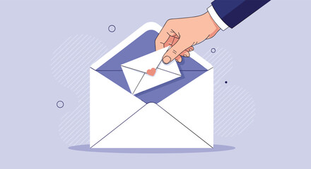 Vector illustration of a hand in a suit sleeve placing a small letter with a heart seal into a larger open envelope.