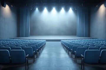 Naklejka premium Empty theatre with blue seats and stage lights ready for performance or event