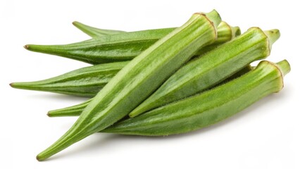 Fresh Okra Pods with Visible Texture and Ridges Isolated on White Background
