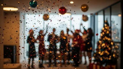Diverse young adults in festive attire celebrate with confetti and Christmas tree in modern office