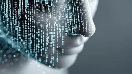 Digital technology face portrait with cascading binary code and technology motifs creating futuristic artificial intelligence portrait conveying data privacy and emotional tone - Powered by Adobe