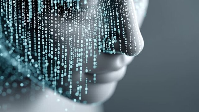 Digital technology face portrait with cascading binary code and technology motifs creating futuristic artificial intelligence portrait conveying data privacy and emotional tone