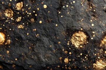 Small golden specks and clusters shimmer on a rough dark rock surface.