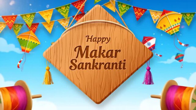 Happy Makar Sankranti Festival Banner Kites Flying Blue Sky Background