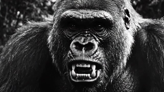 A close-up view of a fierce-looking gorilla with visible teeth and a detailed expression