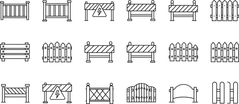 Fence and Barrier Line Icons Set Featuring Construction Safety, Wooden Fences, Roadblocks, Boundaries, Restricted Areas and Protection Symbols