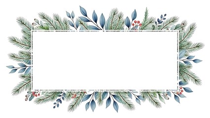 A delicate watercolor evergreen and eucalyptus frame featuring muted green branches and white berries on a minimalist white background