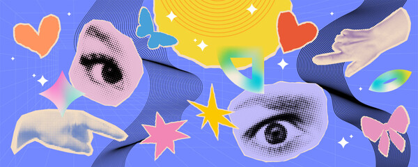 Creative collage with hands and eyes. Contemporary art with halftone and cut out elements. Trendy vector sticker set
