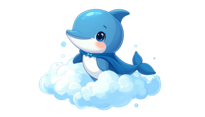 Cartoon dolphin, blue with a cape, sits on a fluffy cloud, bubbles around